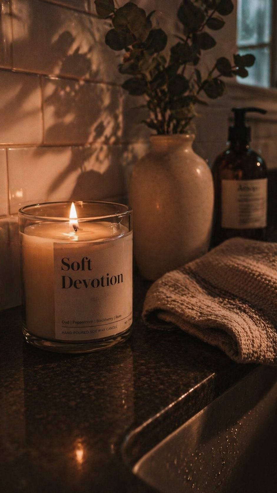 Candle labeled 'Soft Devotion' on a surface with a vase and bottle in the background.